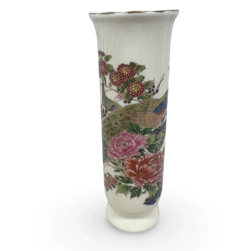 Asahi Japan Porcelain Peacock Floral Bud Vase White Gold Gilt Trim 8 Inch